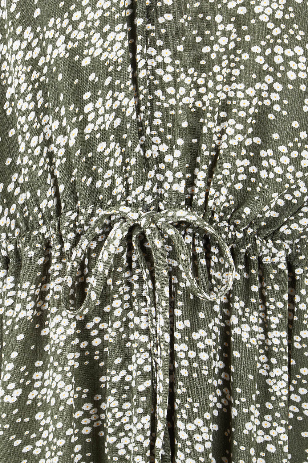 Product shot of The Drawstring Printed Maxi Dress in colour Fernfloral (Green), detail
