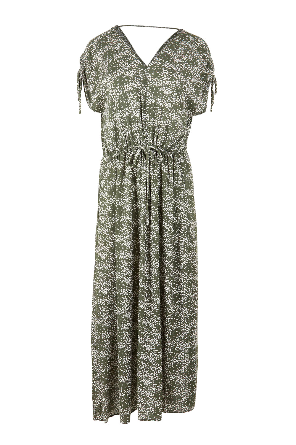 Product shot of The Drawstring Printed Maxi Dress in colour Fernfloral (Green), from the front