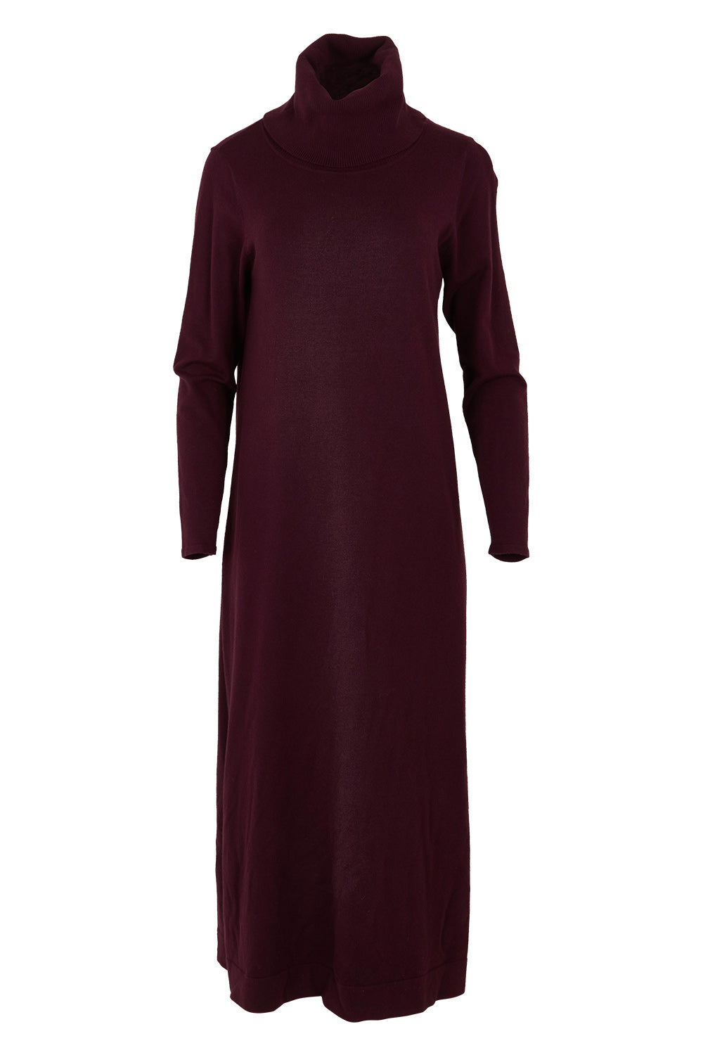 Product shot of The Roll Neck Knit Maxi Dress in colour Burntplum (Purple), from the front
