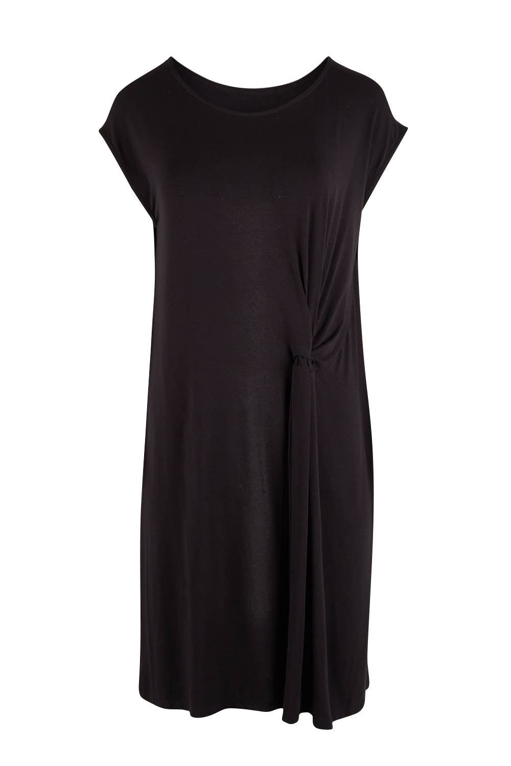 Product shot of The Luxe Twist Detail Tee Dress in colour Black (Black), from the front