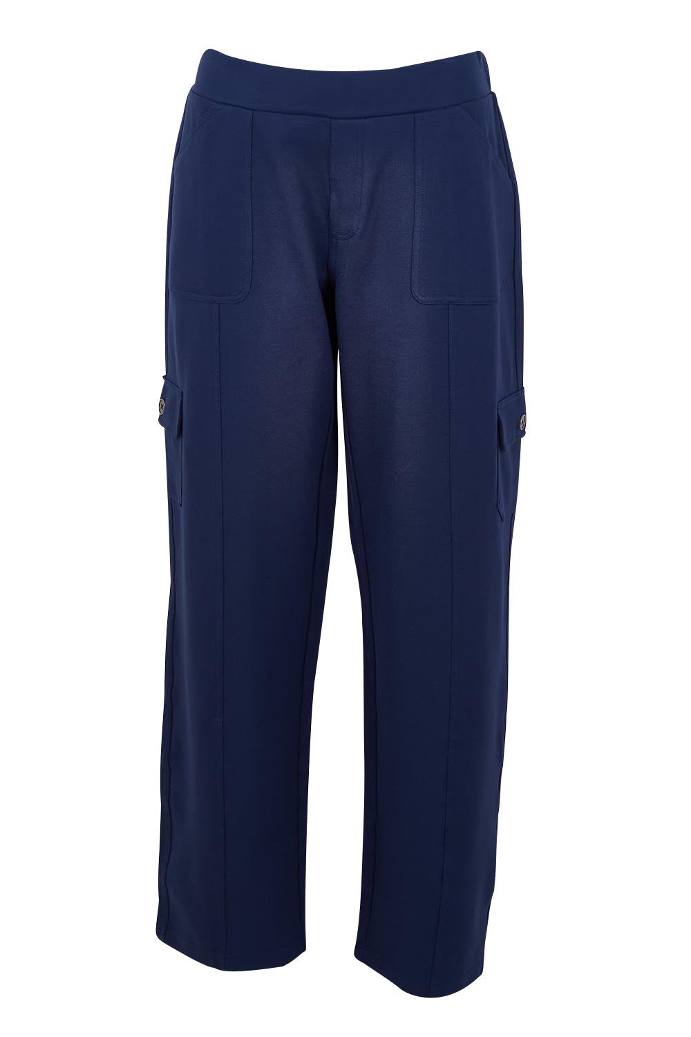 Product shot of The Everyday Ponte Cargo Pant in colour Frenchnavy (Blue), from the front