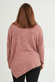 Model Monique wearing size 14 of The Asymmetric Soft Knit Tee in colour Terracotta, from the back