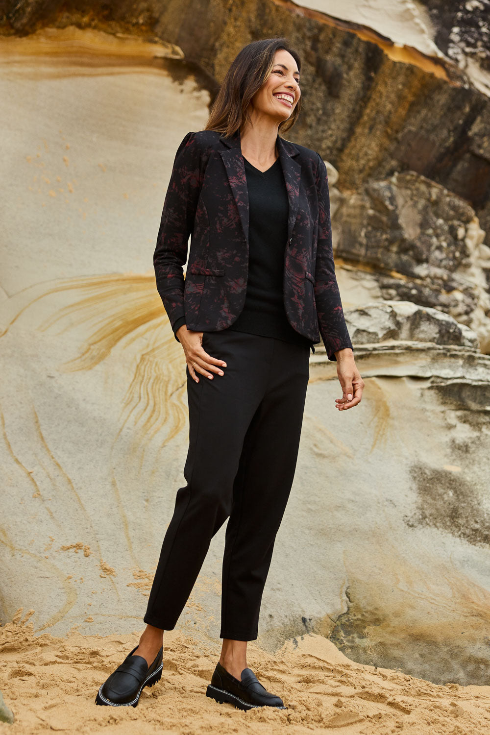 Model Amanda wearing size 10 of The Easy Wear Ponte Pant in colour Black (Black), from the front, showing the whole outfit