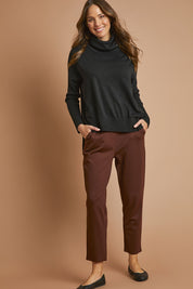 Model Madeline wearing size 10 of The Easy Wear Ponte Pant in colour Chocolate, from the front, showing the whole outfit