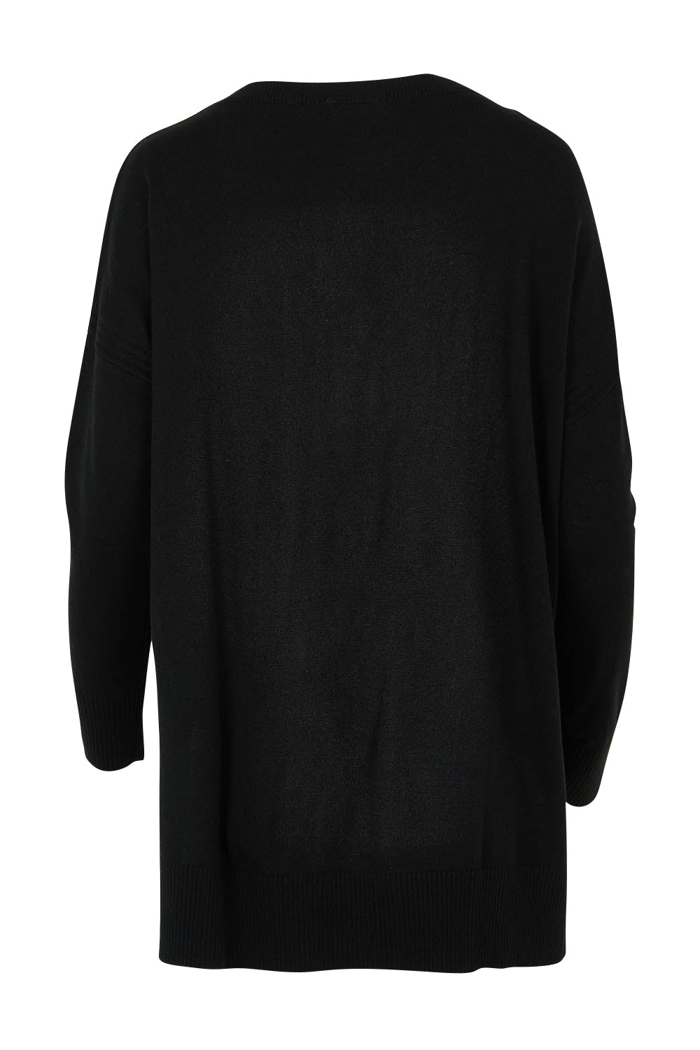 Product shot of The High Low V Neck Jumper in colour Black (Black), from the back