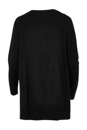 Product shot of The High Low V Neck Jumper in colour Black (Black), from the back