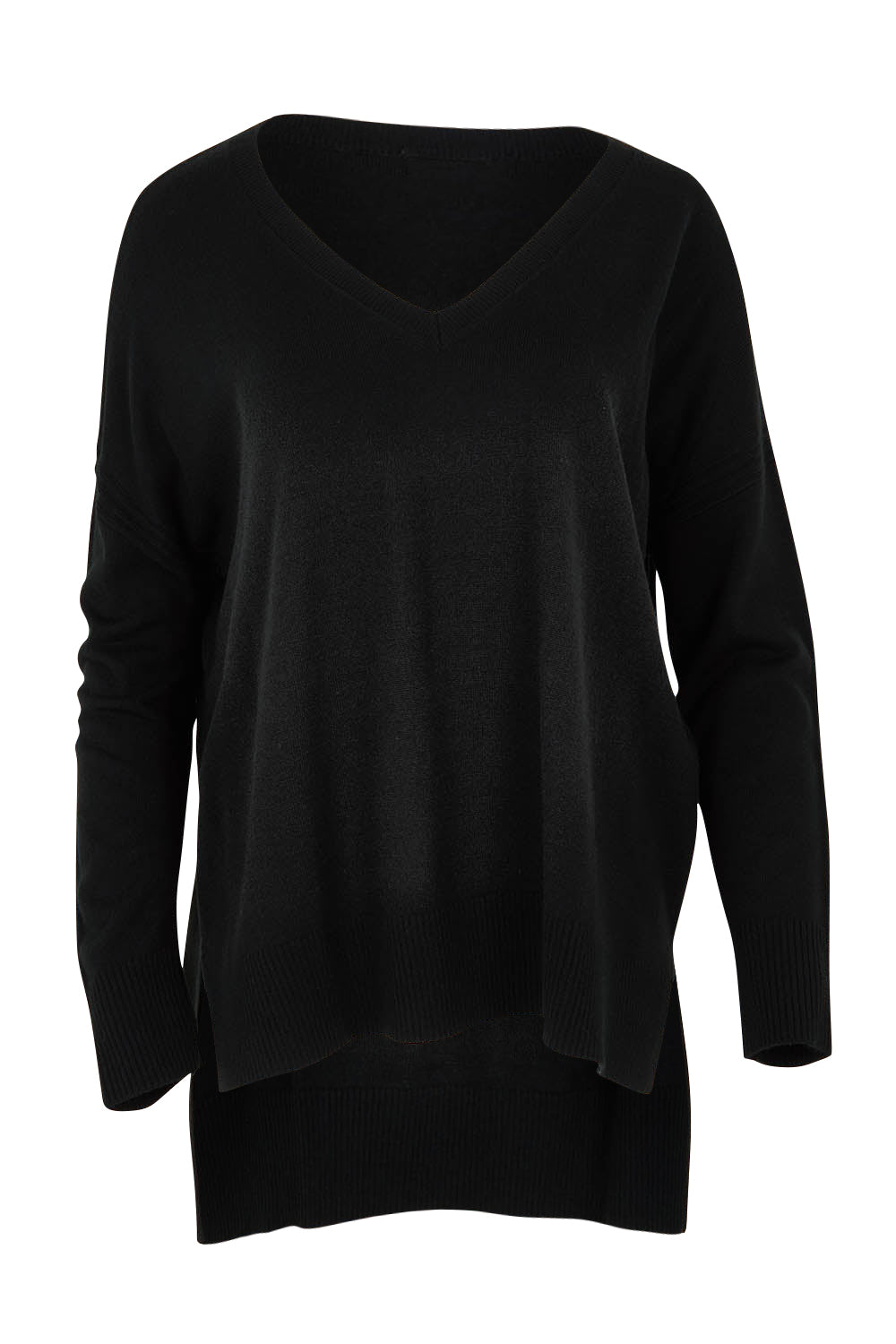 Product shot of The High Low V Neck Jumper in colour Black (Black), from the front