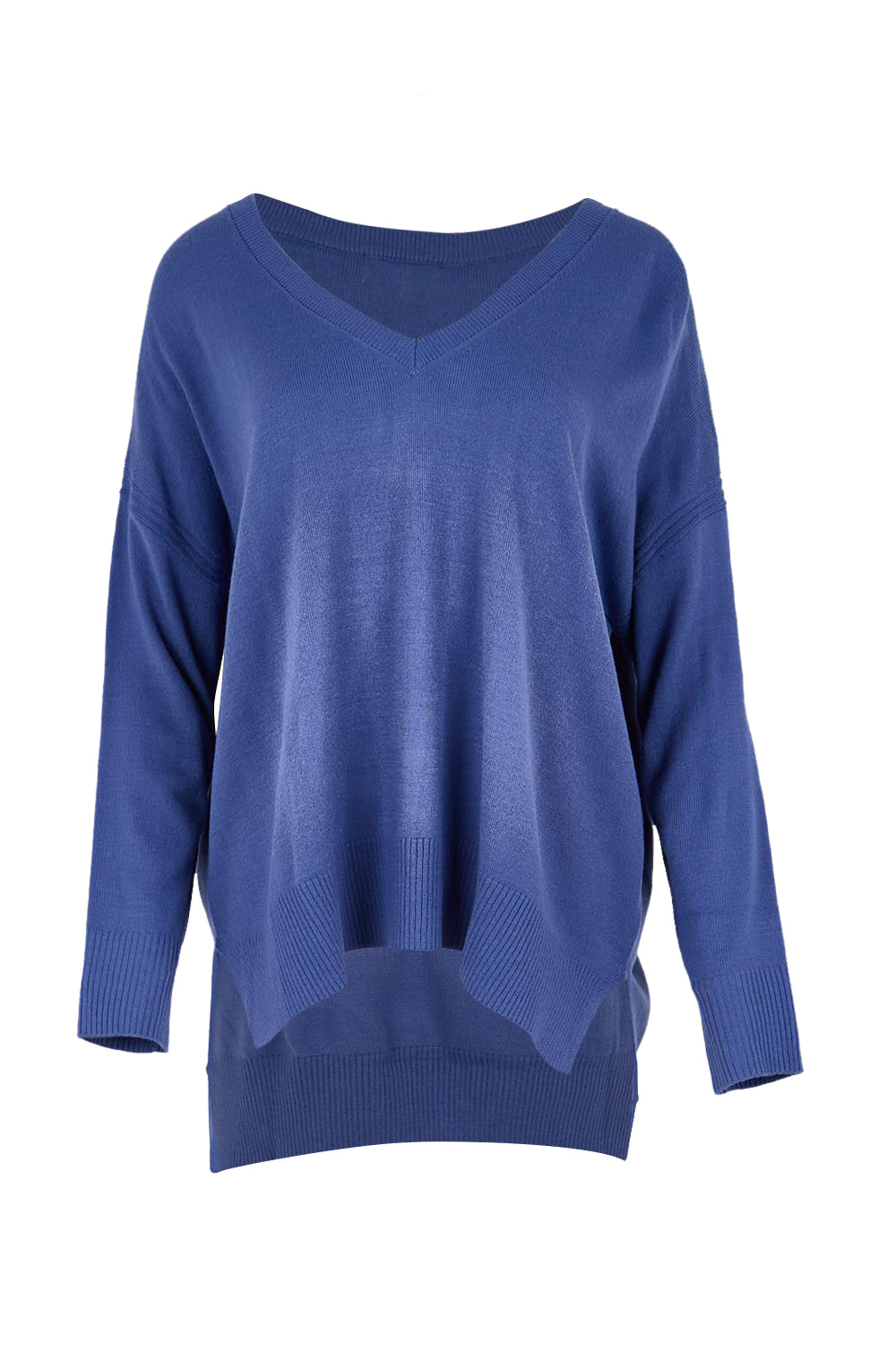 Product shot of the The High Low V Neck Jumper - Dustyblue in colour Dustyblue, from the front