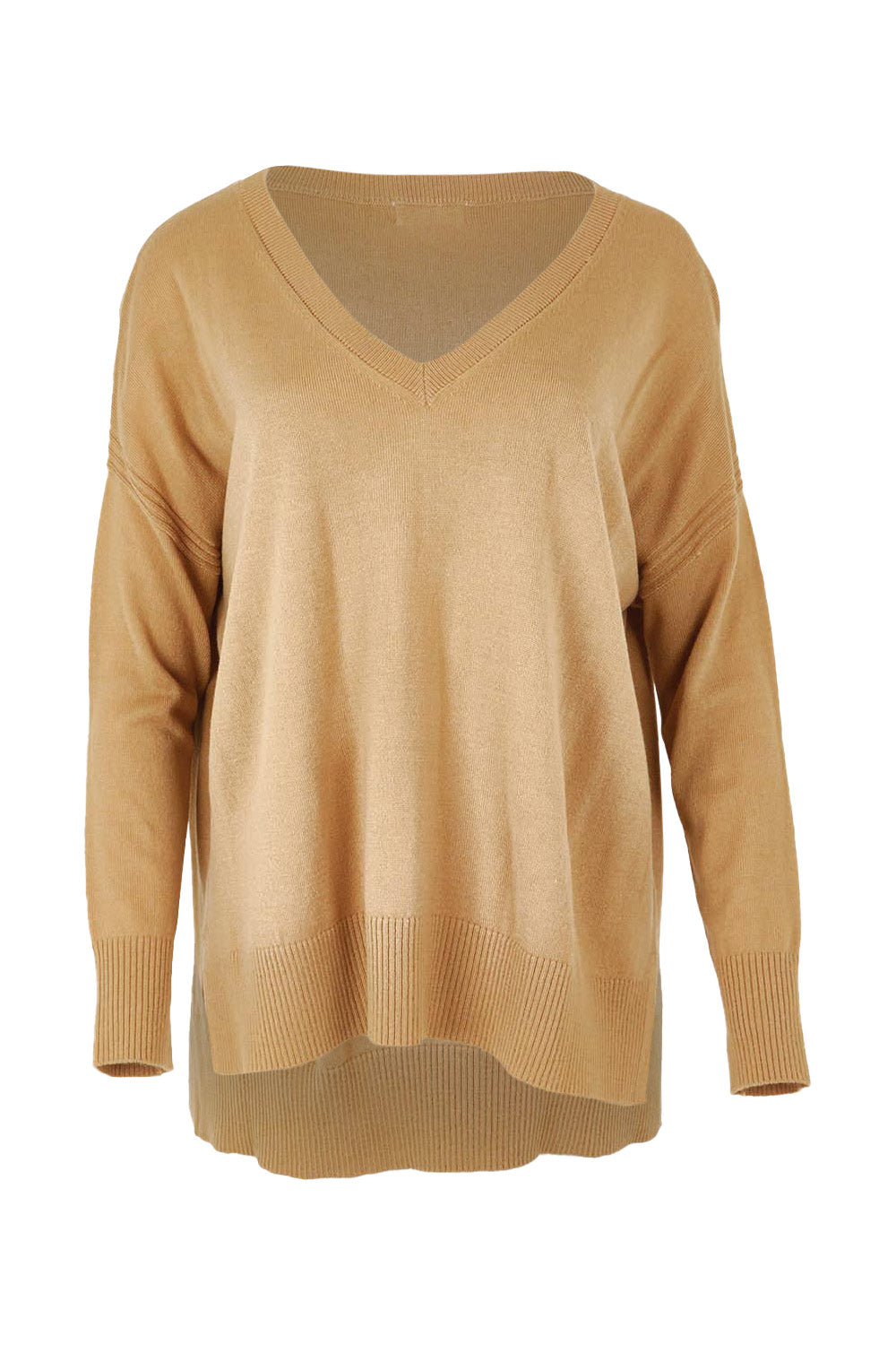Product shot of The High Low V Neck Jumper in colour Fawn, from the front