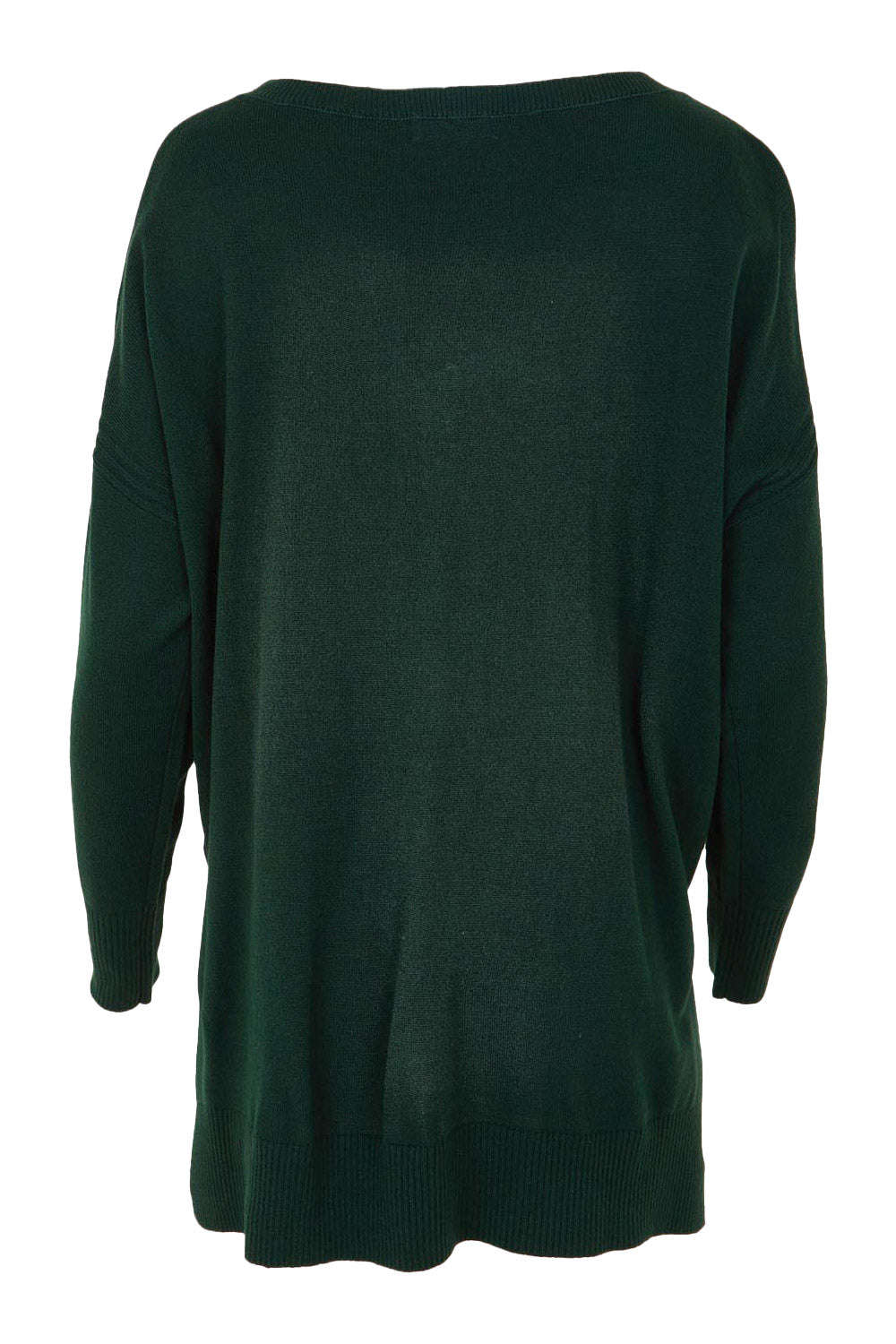 Product shot of The High Low V Neck Jumper in colour Forest (Green), from the back
