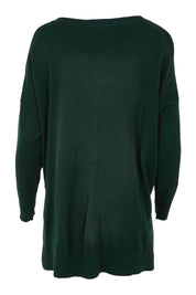Product shot of The High Low V Neck Jumper in colour Forest (Green), from the back