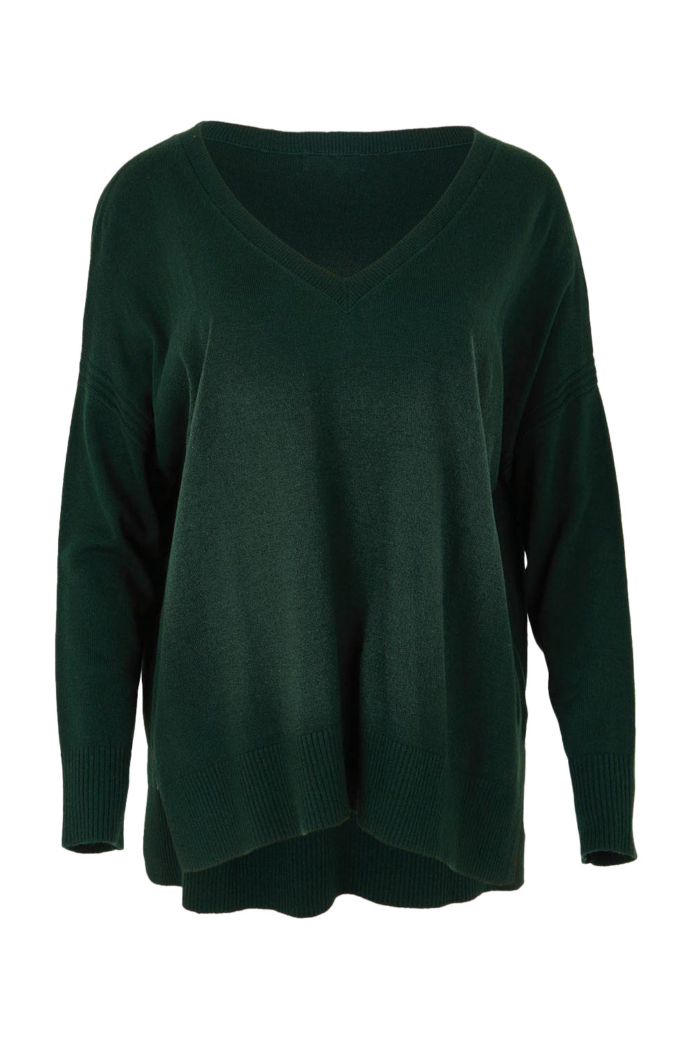 Product shot of The High Low V Neck Jumper in colour Forest (Green), from the front