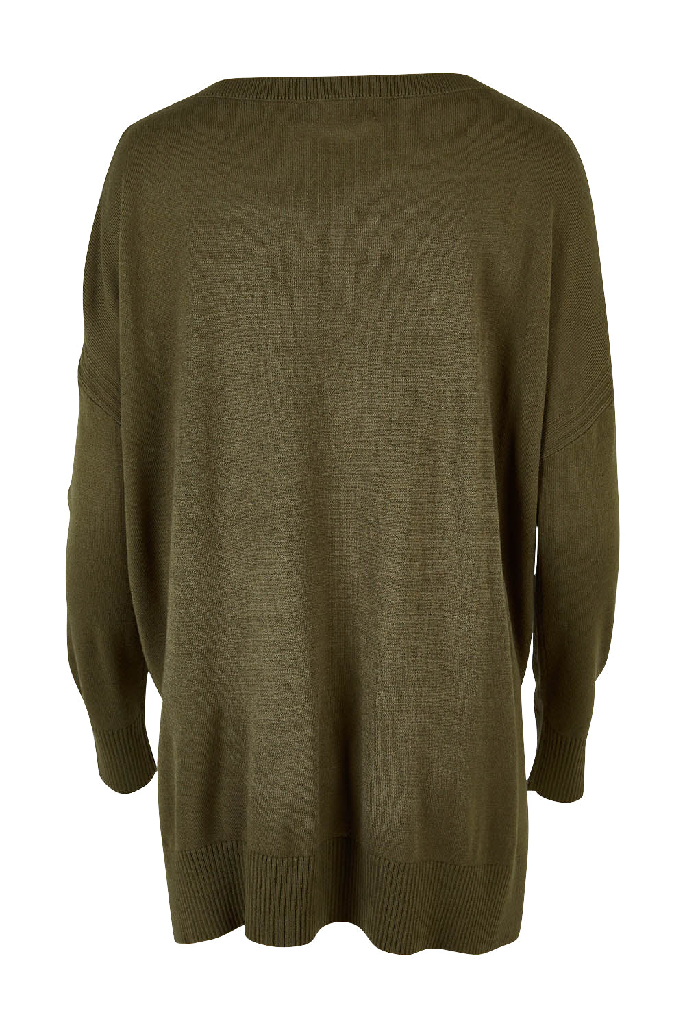Product shot of The High Low V Neck Jumper in colour Khaki (Green), from the back