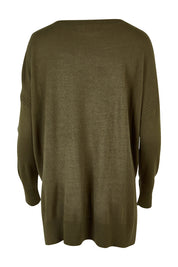 Product shot of The High Low V Neck Jumper in colour Khaki (Green), from the back