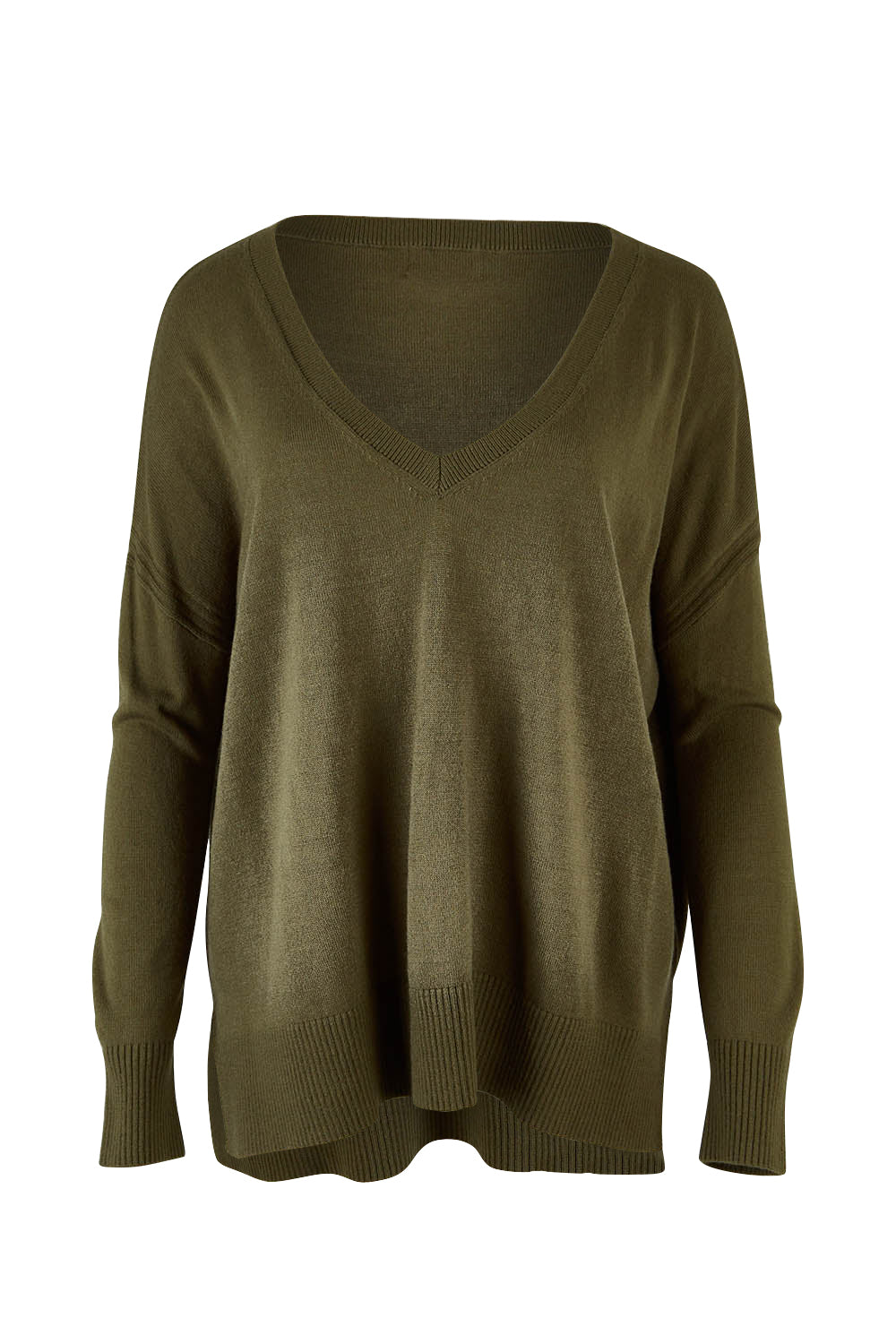 Product shot of The High Low V Neck Jumper in colour Khaki (Green), from the front