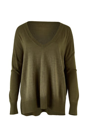 Product shot of The High Low V Neck Jumper in colour Khaki (Green), from the front