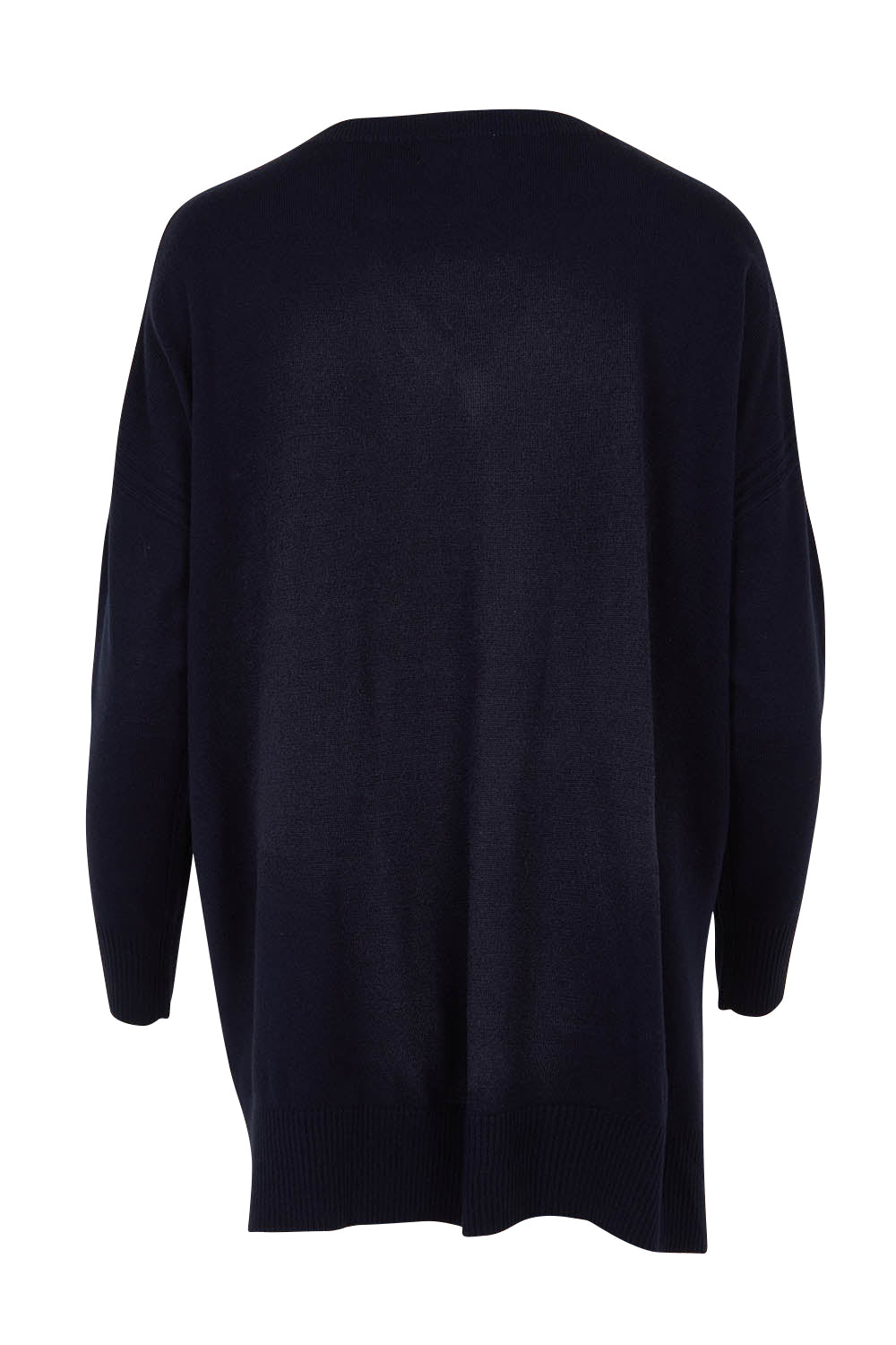 Product shot of The High Low V Neck Jumper in colour Navy (Blue), from the back