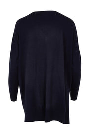 Product shot of The High Low V Neck Jumper in colour Navy (Blue), from the back