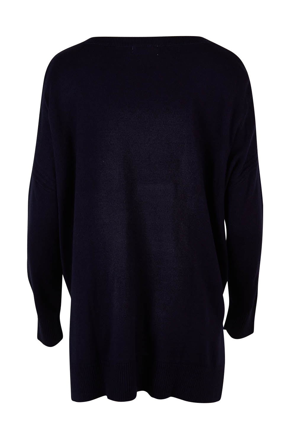 Product shot of The High Low V Neck Jumper in colour Navy (Blue), from the back