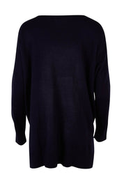 Product shot of The High Low V Neck Jumper in colour Navy (Blue), from the back