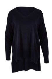 Product shot of The High Low V Neck Jumper in colour Navy (Blue), from the front