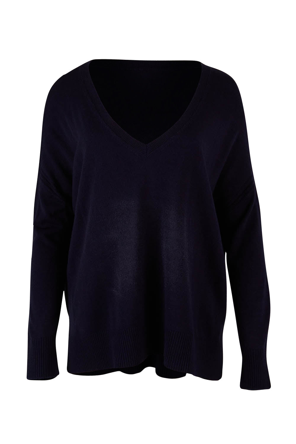 Product shot of The High Low V Neck Jumper in colour Navy (Blue), from the front