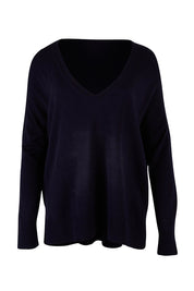 Product shot of The High Low V Neck Jumper in colour Navy (Blue), from the front