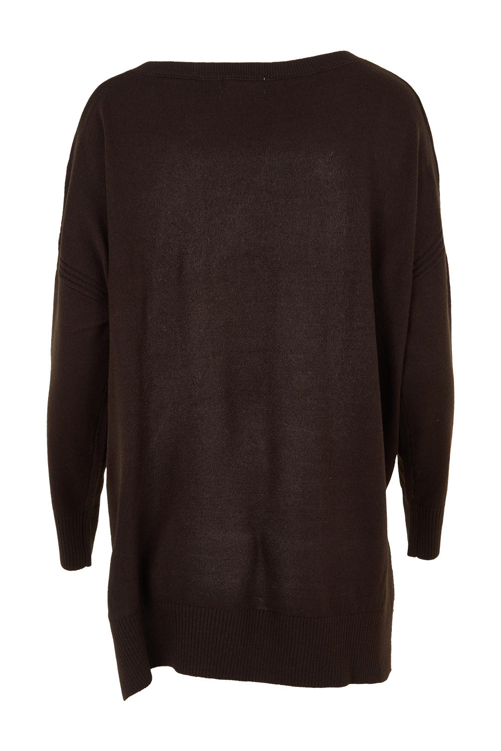 Product shot of The High Low V Neck Jumper in colour Sable, from the back