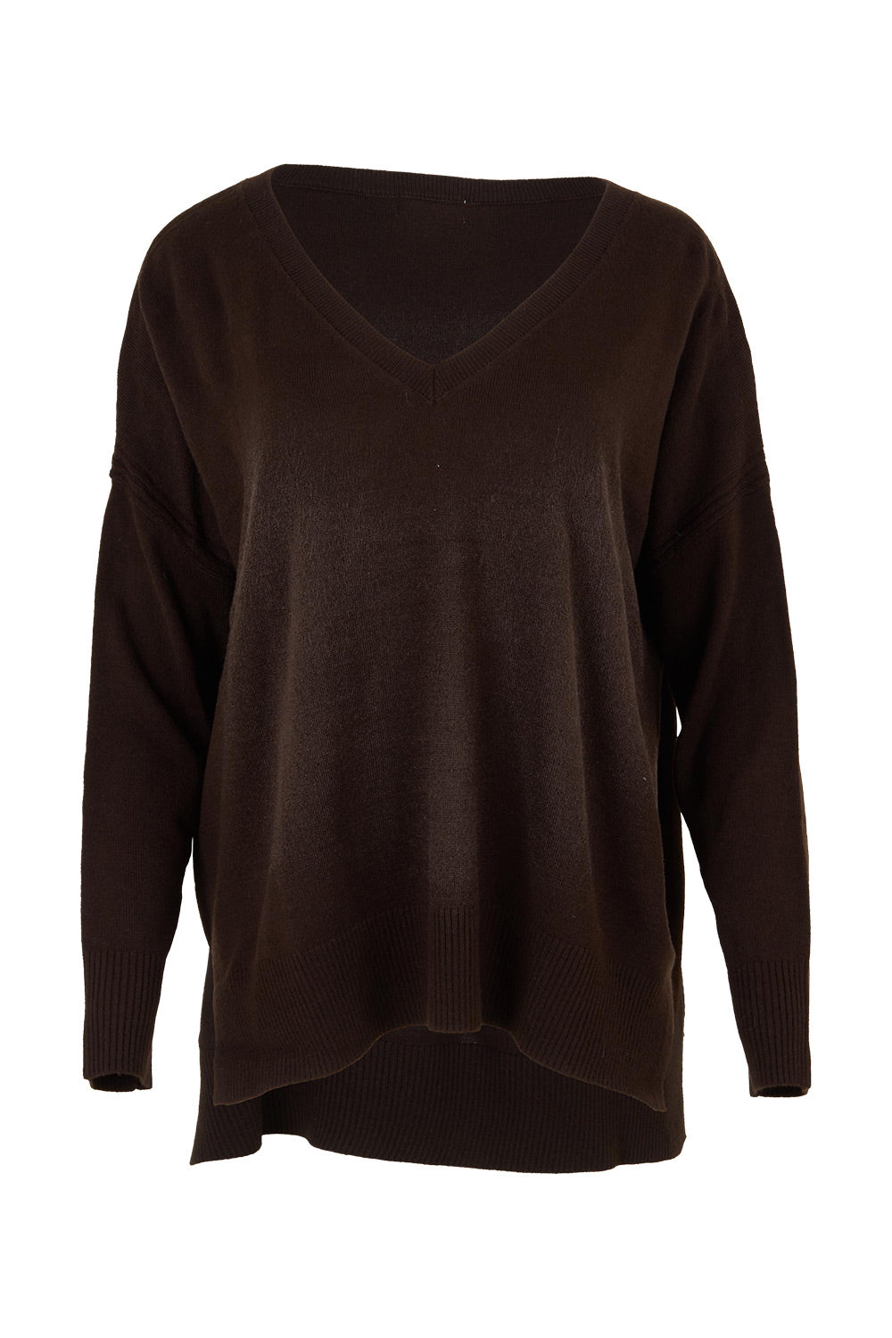 Product shot of The High Low V Neck Jumper in colour Sable, from the front