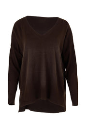 Product shot of The High Low V Neck Jumper in colour Sable, from the front