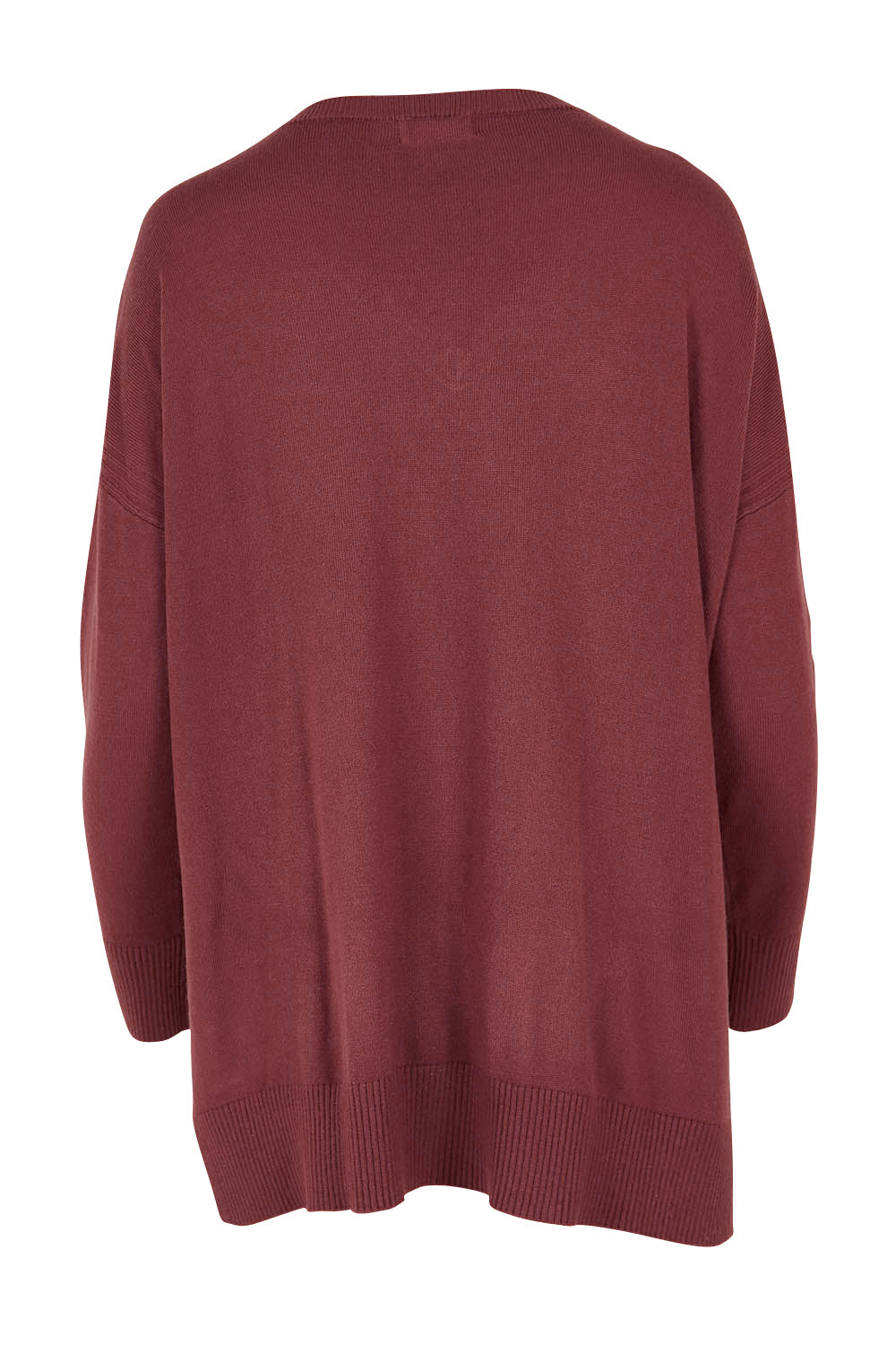 Product shot of The High Low V Neck Jumper in colour Smokeyrose (Pink), from the back