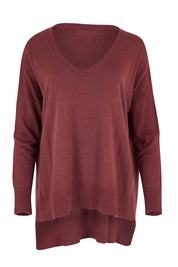 Product shot of The High Low V Neck Jumper in colour Smokeyrose (Pink), from the front