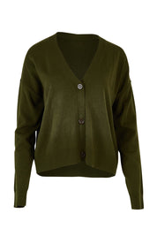 Product shot of The Soft Cropped Cardigan in colour Darkolive (Green), from the front