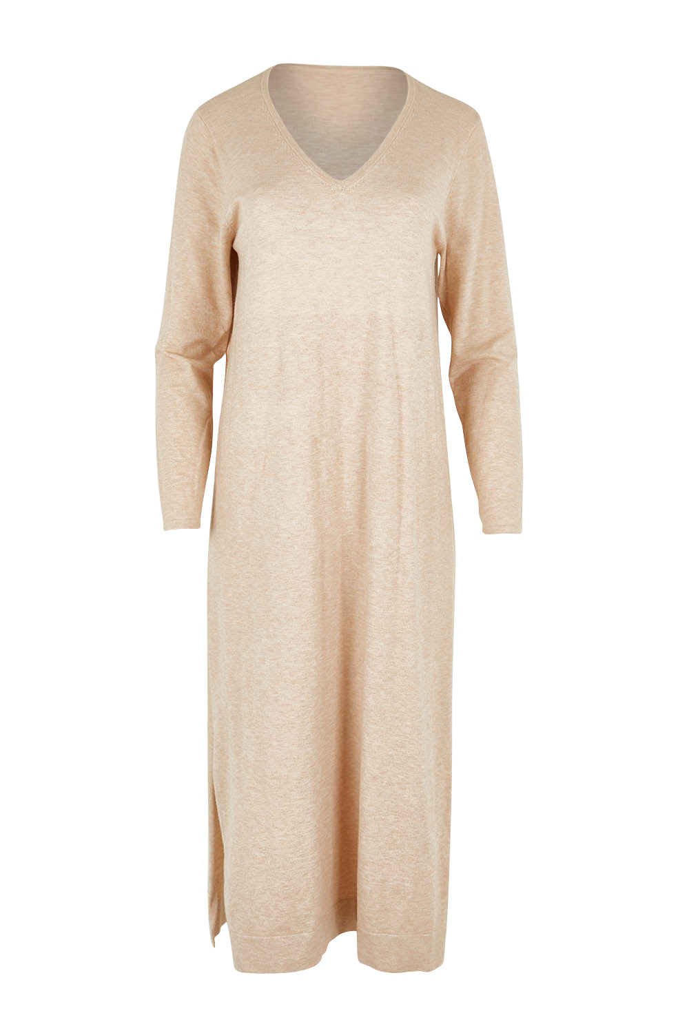 Product shot of The Comfort True Knit Midi Dress in colour Oatmeal, from the front