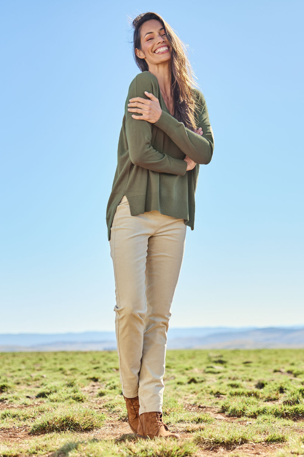 Model Amanda wearing size 10 of The Keepers Cord Pull On Pant in colour Almond, from the front, showing the whole outfit