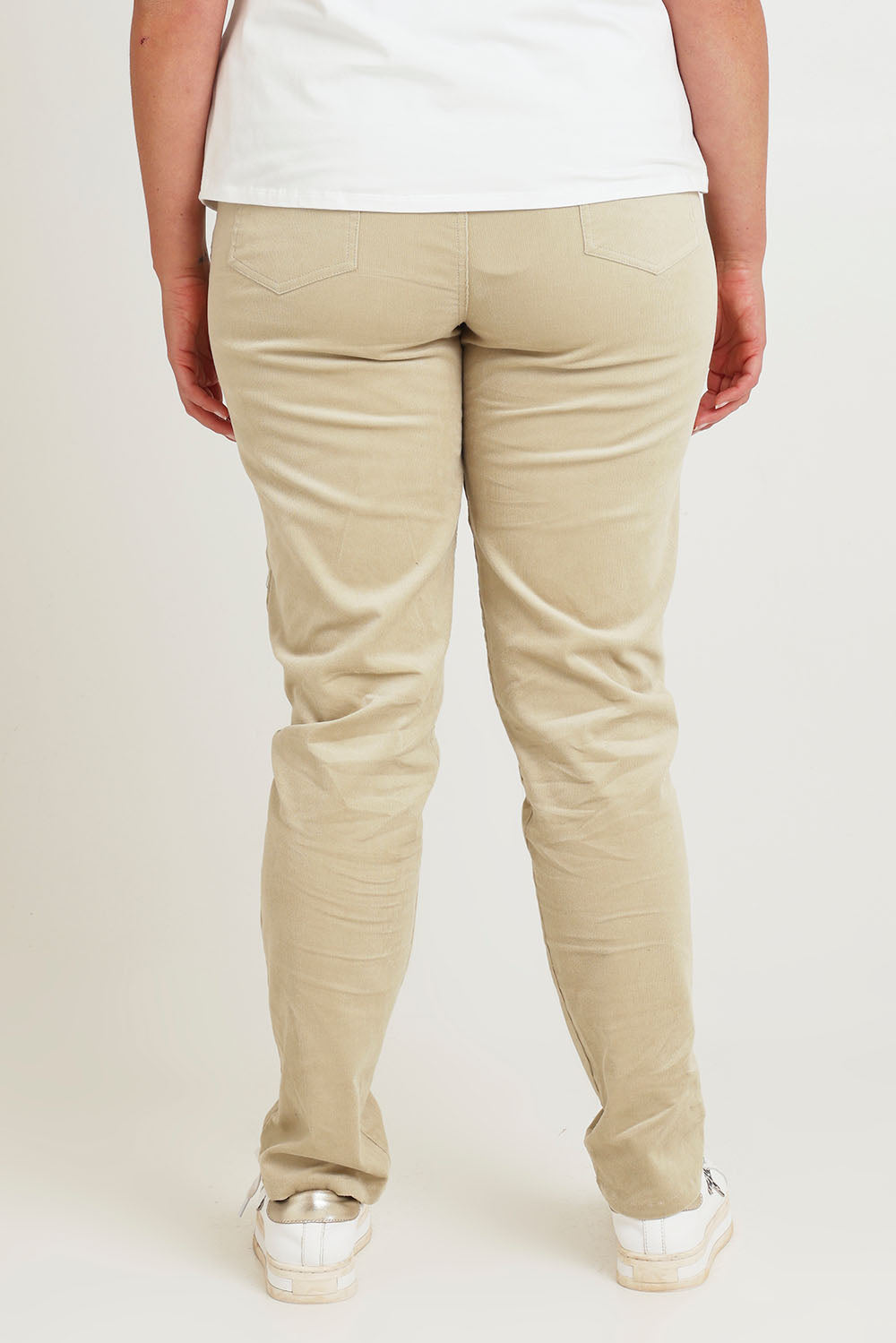 Model Chanel wearing size 16 of The Keepers Cord Pull On Pant in colour Almond, from the back