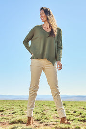 Model Mae wearing size 8 of The Keepers Cord Pull On Pant in colour Almond, from the front, showing the whole outfit