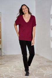 Model Amanda wearing size 10 of The Keepers Cord Pull On Pant in colour Black (Black), from the front, showing the whole outfit