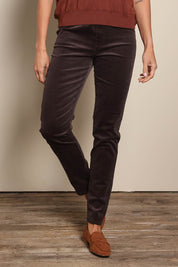 Model Amandam wearing size 10 of the The Keepers Cord Pull On Pant – Darkcocoa in colour Darkcocoa, in a cropped view