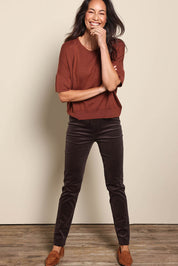 Model Amandam wearing size 10 of the The Keepers Cord Pull On Pant – Darkcocoa in colour Darkcocoa, from the front