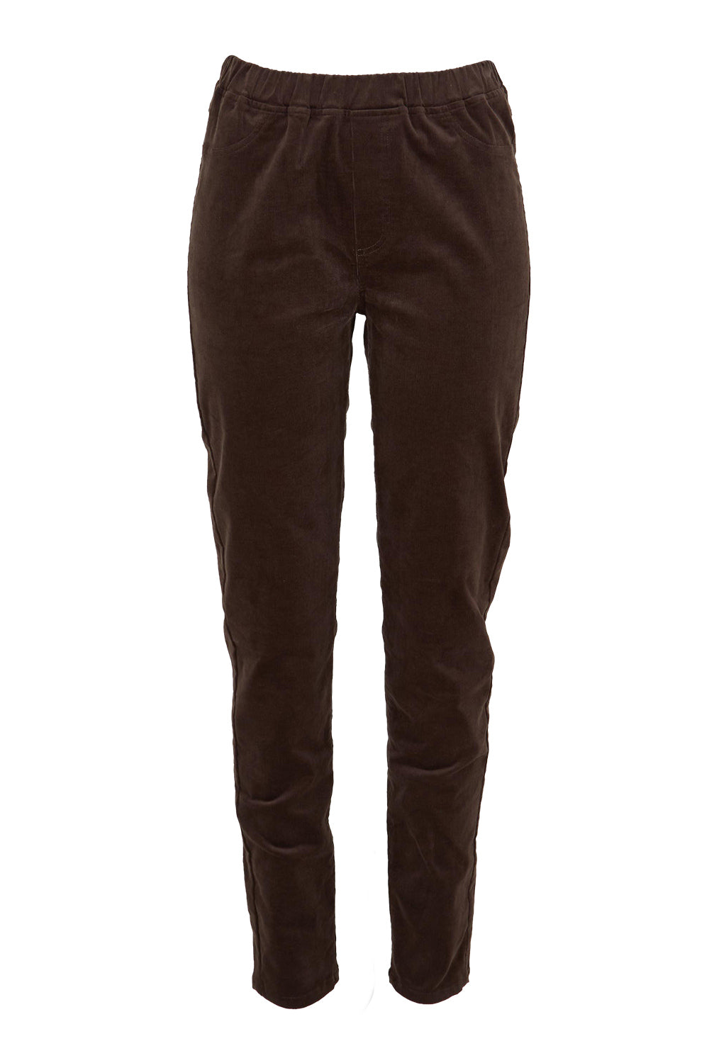Product shot of The Keepers Cord Pull On Pant in colour Darkcocoa, from the front