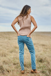 Model Amanda wearing size 10 of The Keepers Cord Pull On Pant in colour Denim (Blue), from the front, showing the whole outfit