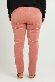 Model Monique wearing size 14 of The Keepers Cord Pull On Pant in colour Dustypink (Pink), from the front, cropped image