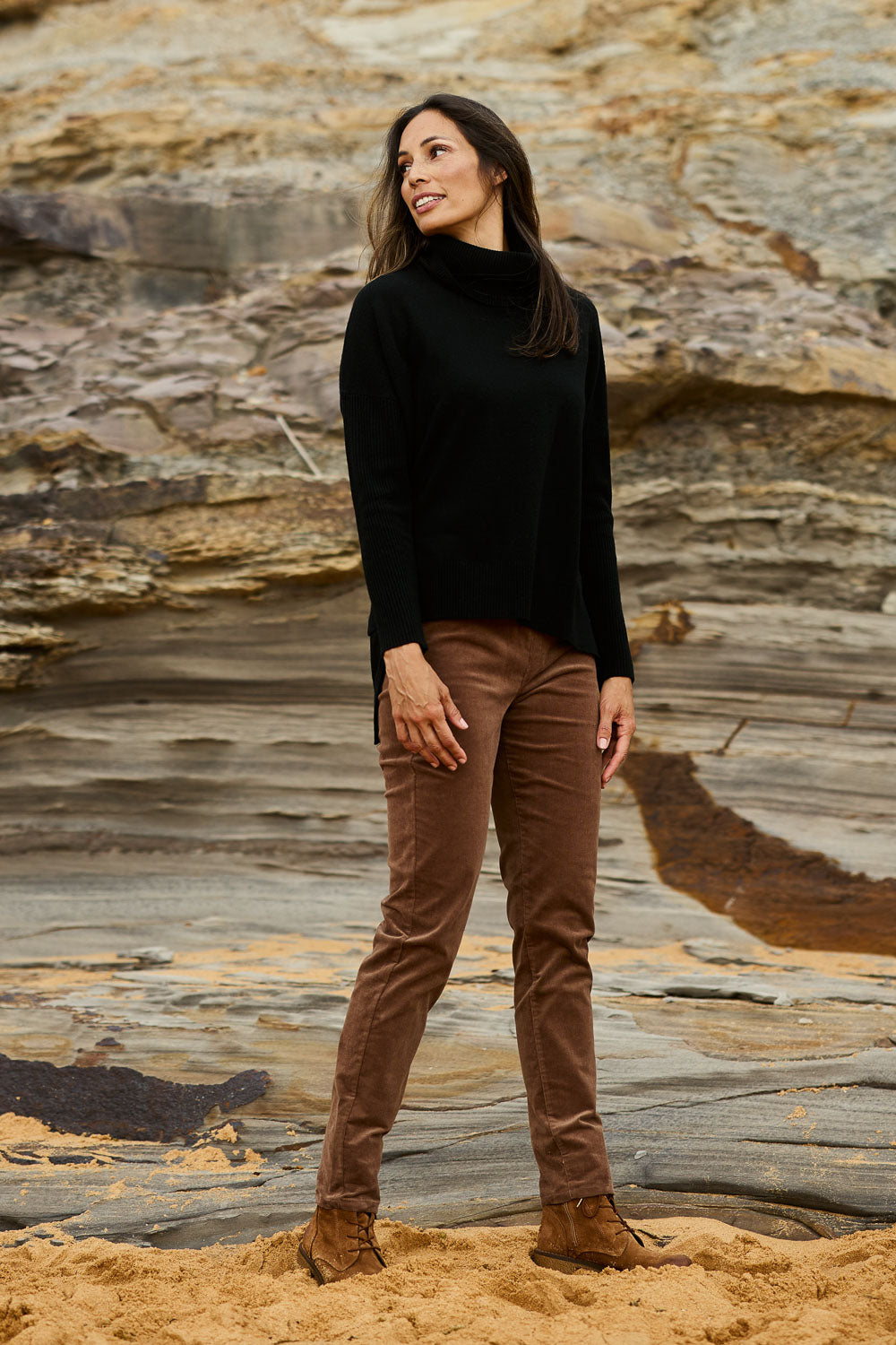 Model Amanda wearing size 10 of The Keepers Cord Pull On Pant in colour Mushroom, from the front, showing the whole outfit