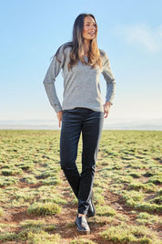 Model Amanda wearing size 10 of The Keepers Cord Pull On Pant in colour Slate (Grey), from the front, showing the whole outfit