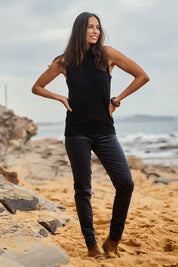 Model Amanda wearing size 10 of The Keepers Cord Pull On Pant in colour Slate (Grey), from the front, showing the whole outfit