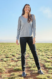 Model Amanda wearing size 10 of The Keepers Cord Pull On Pant in colour Slate (Grey), from the front, showing the whole outfit