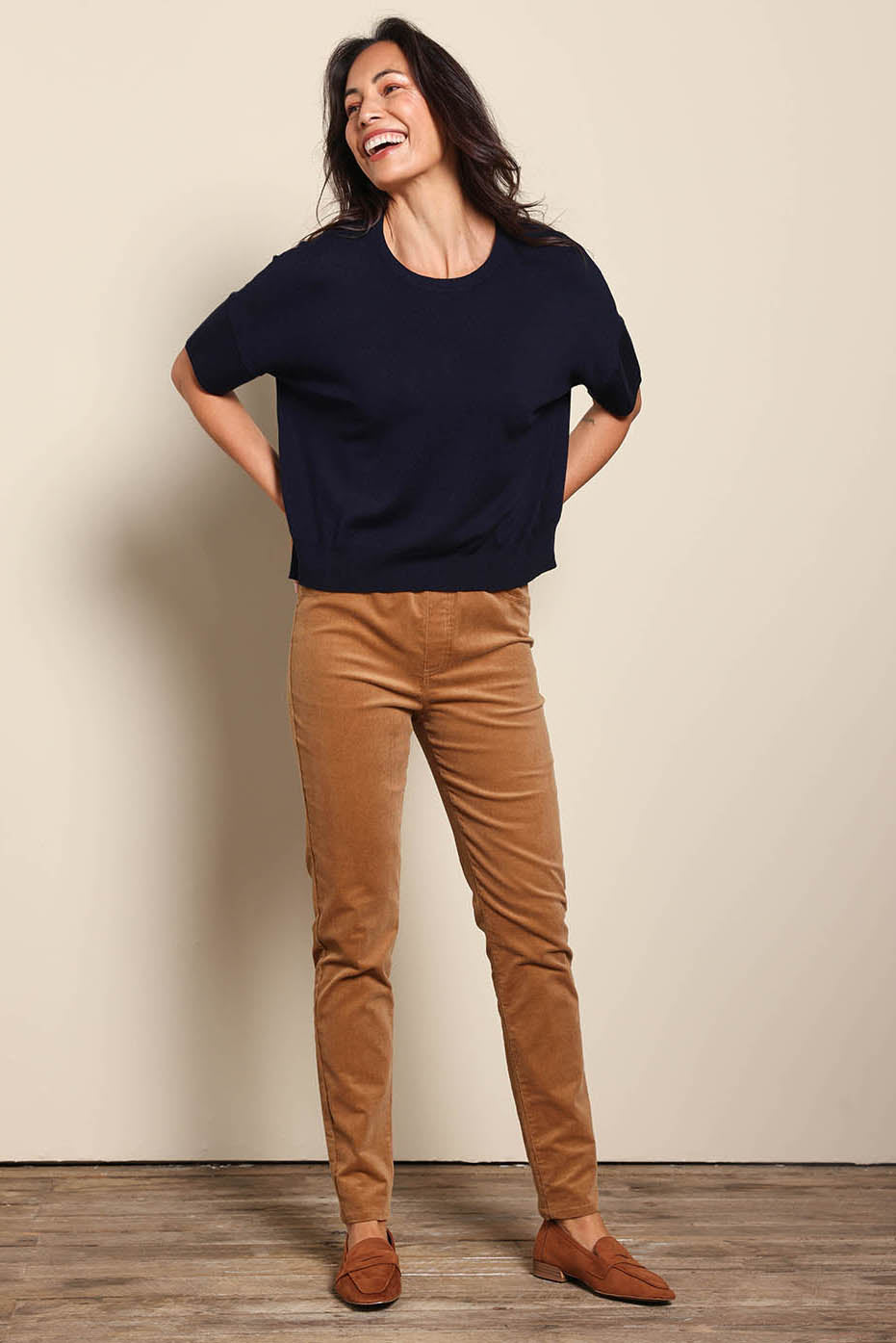 Model Amandam wearing size 10 of the The Keepers Cord Pull On Pant – Tan in colour Tan, from the front