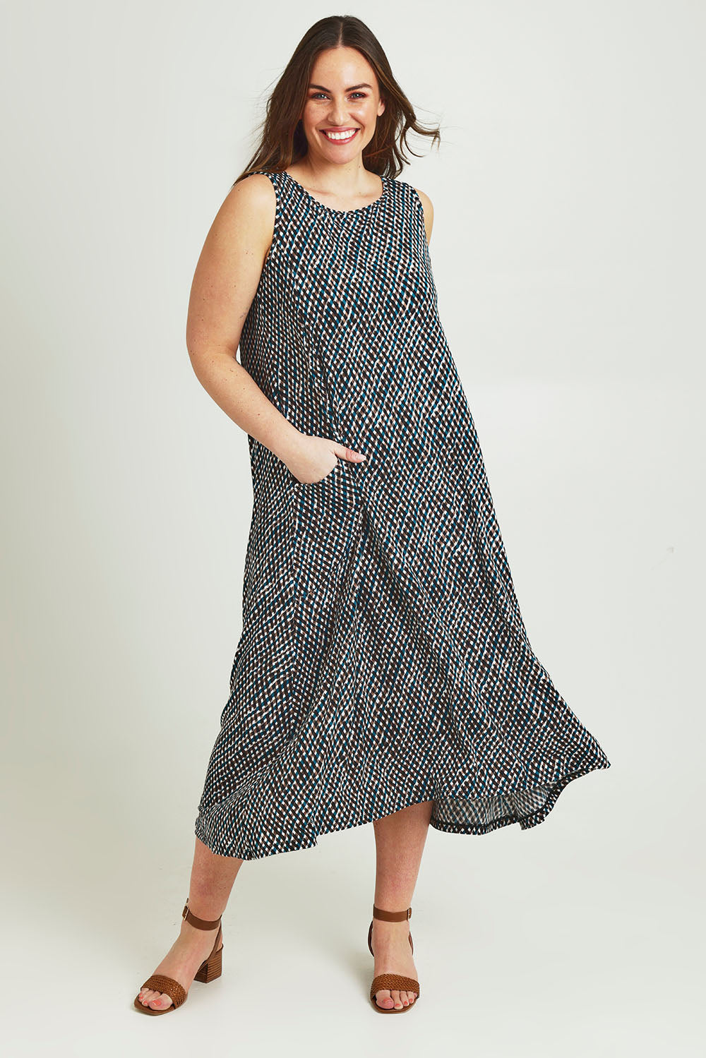 Model Jane wearing size 14 of The Easy Wear Print Maxi Dress in colour Multiprint (Blue), from the front, showing the whole outfit