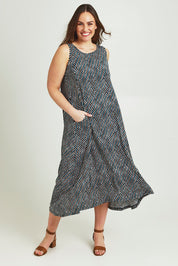 Model Jane wearing size 14 of The Easy Wear Print Maxi Dress in colour Multiprint (Blue), from the front, showing the whole outfit